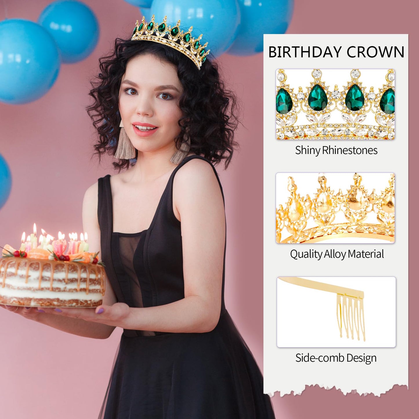 Vovii Birthday Crown & Sash Set for Women, Green Tiara & Birthday Queen Sash for Women Birthday Decorations, Happy Birthday Party Decorations for Birthday Crown Adult Woman