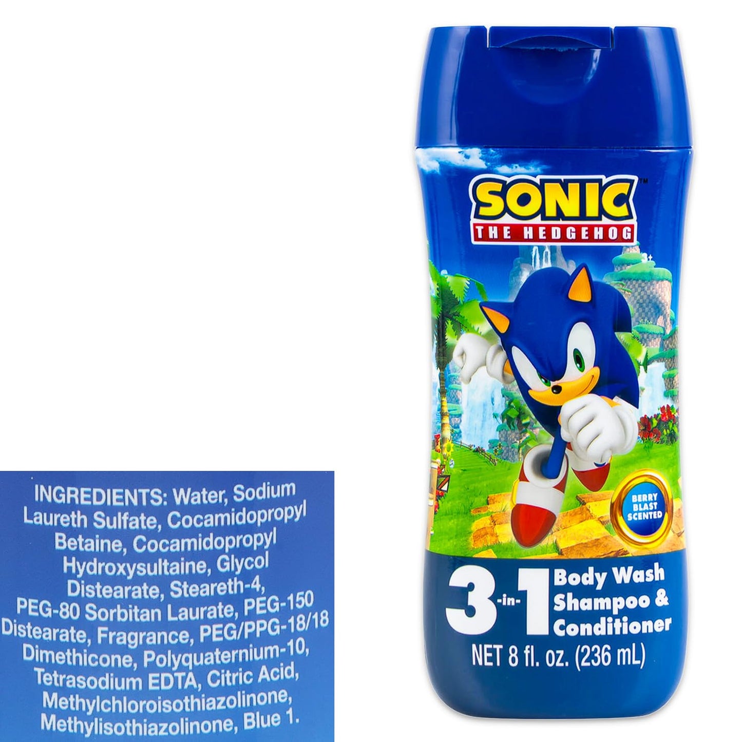 Sonic the Hedgehog Kids Shampoo & Conditioner | 3-in-1 Berry Scented Body Wash Bundle - 8 Oz Bottles & Stickers