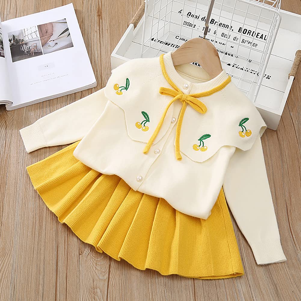 Toddler Baby Girls Autumn Winter Clothes Knitted Button up Long Sleeve Ruffle Bowknot Sweater Tops+Pleated Mini Tutu Skirt 2pcs Outfit Princess Dress up Costume for Kids Yellow-Cherry 4-5 Years