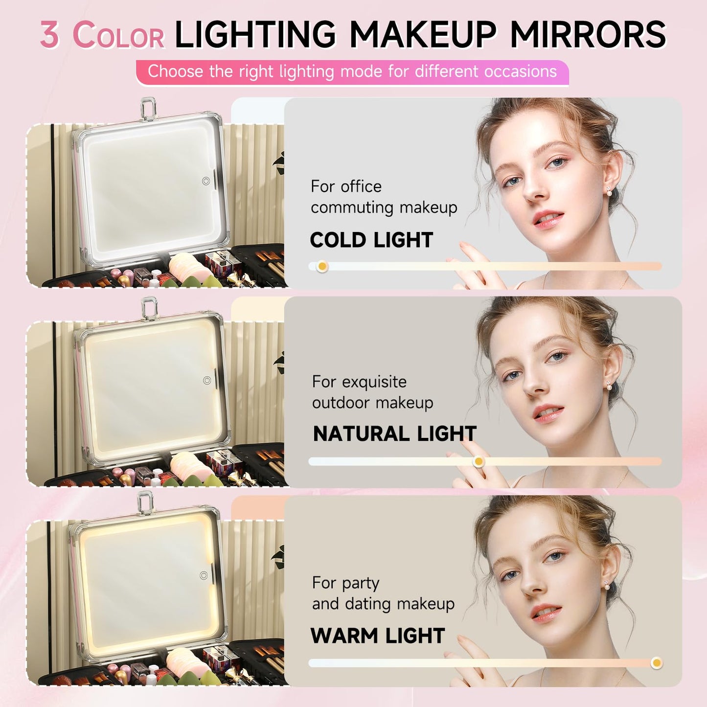 Leeora&Leekoo Makeup Box with LED Mirror & Aluminum Frame, Compact Multi-Layer Cosmetic Organizer - Portable ABS Travel Train Case for Makeup Storage(Gift for Girlfriend/Daughter) (Pink1)