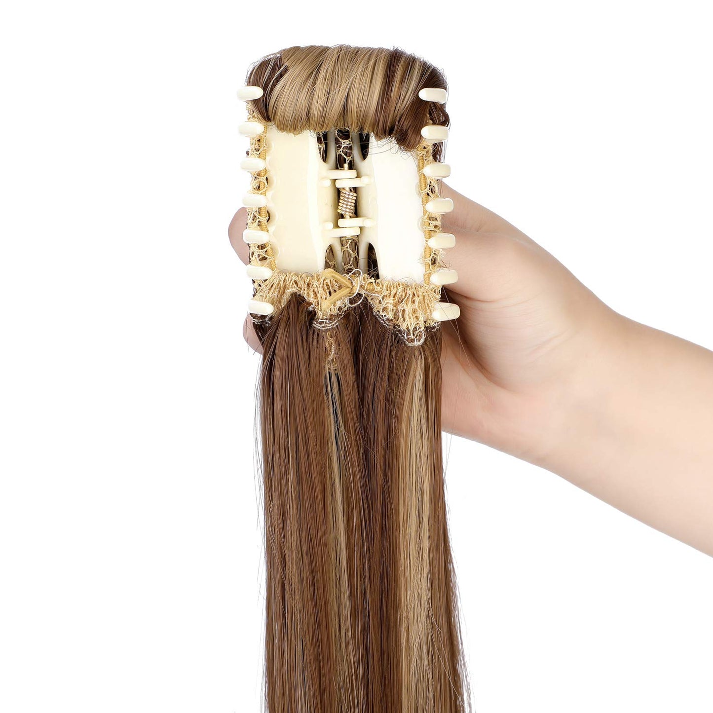 FELENDY Ponytail Extension Claw 18" 20" Curly Wavy Straight Clip in Hairpiece One Piece A Jaw Long Pony Tails for Women Ash Blonde Mix Light Brown