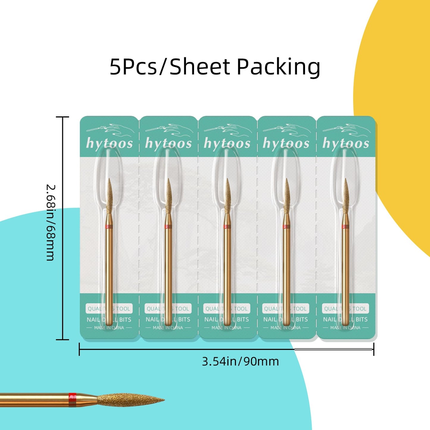 HYTOOS 2mm Long Flame Cuticle Clean Nail Drill Bits, 5Pcs/Set Titanium Russian Diamond Nail Bit Professional Safety Under Nail Cleaner Burr for Cuticle Dead Skin, Electric Drill Accessories, Fine