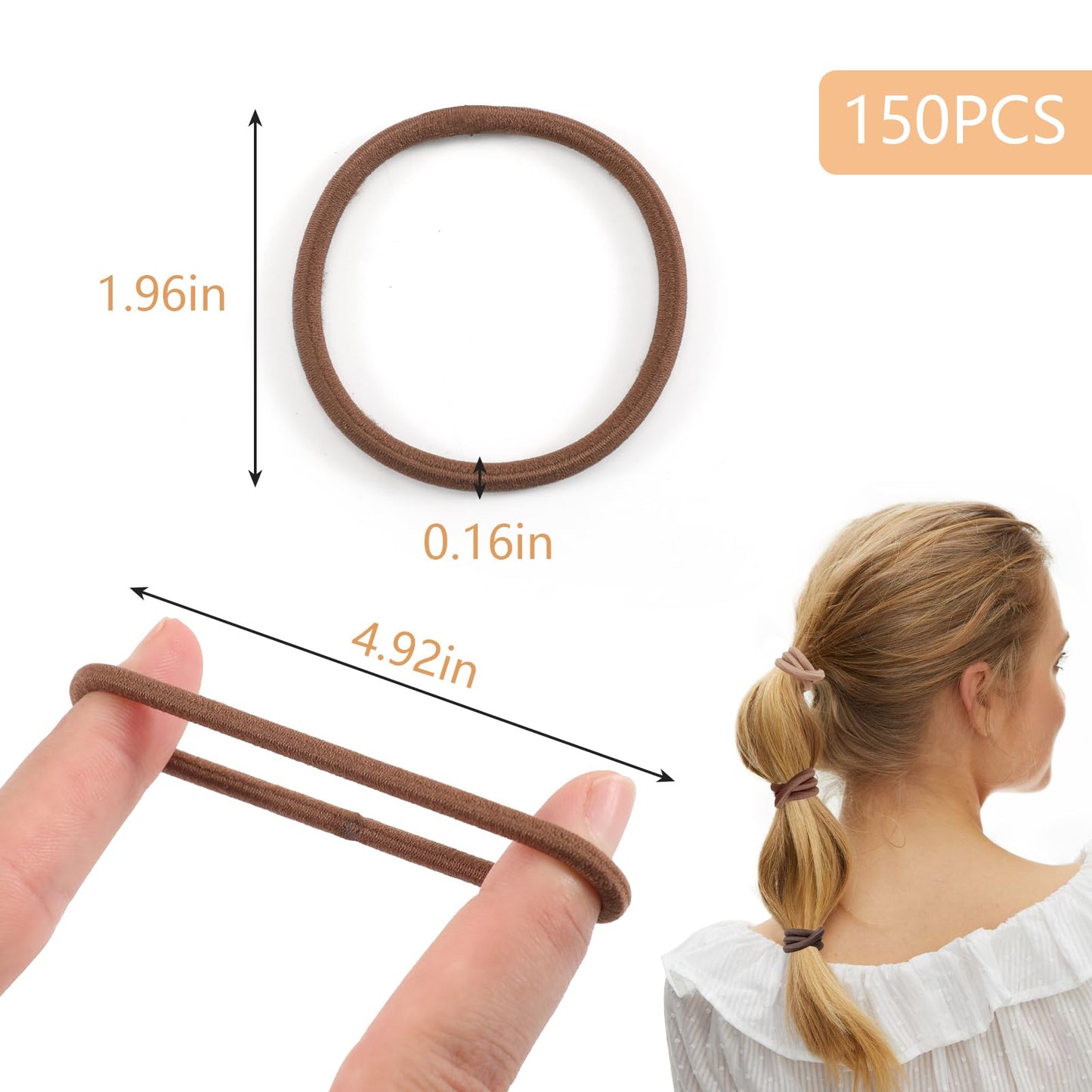 150PCS Elastic Hair Ties, No Crease Ponytail Holders for Women, Men, Girls and Boys, Large No Damage Hair Ties for Thick Thin Hair, Brown (4mm)