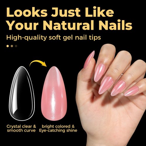 UNA GELLA Almond Fake Gel Nail Tips, 216pcs Medium Almond Pre Shaped Nails Tips for Long-Lasting Acrylic Nails, Perfect for DIY At Home French Style Nail Salon 12 Sizes
