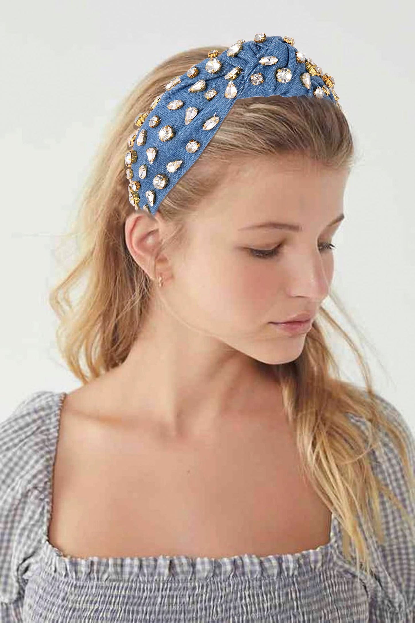 Crystal Velvet Headband Cross Knotted Turban Headdress Colorful rhinestone Statement Wide Hair Band Hoop Accessories For Women Girls (Blue)