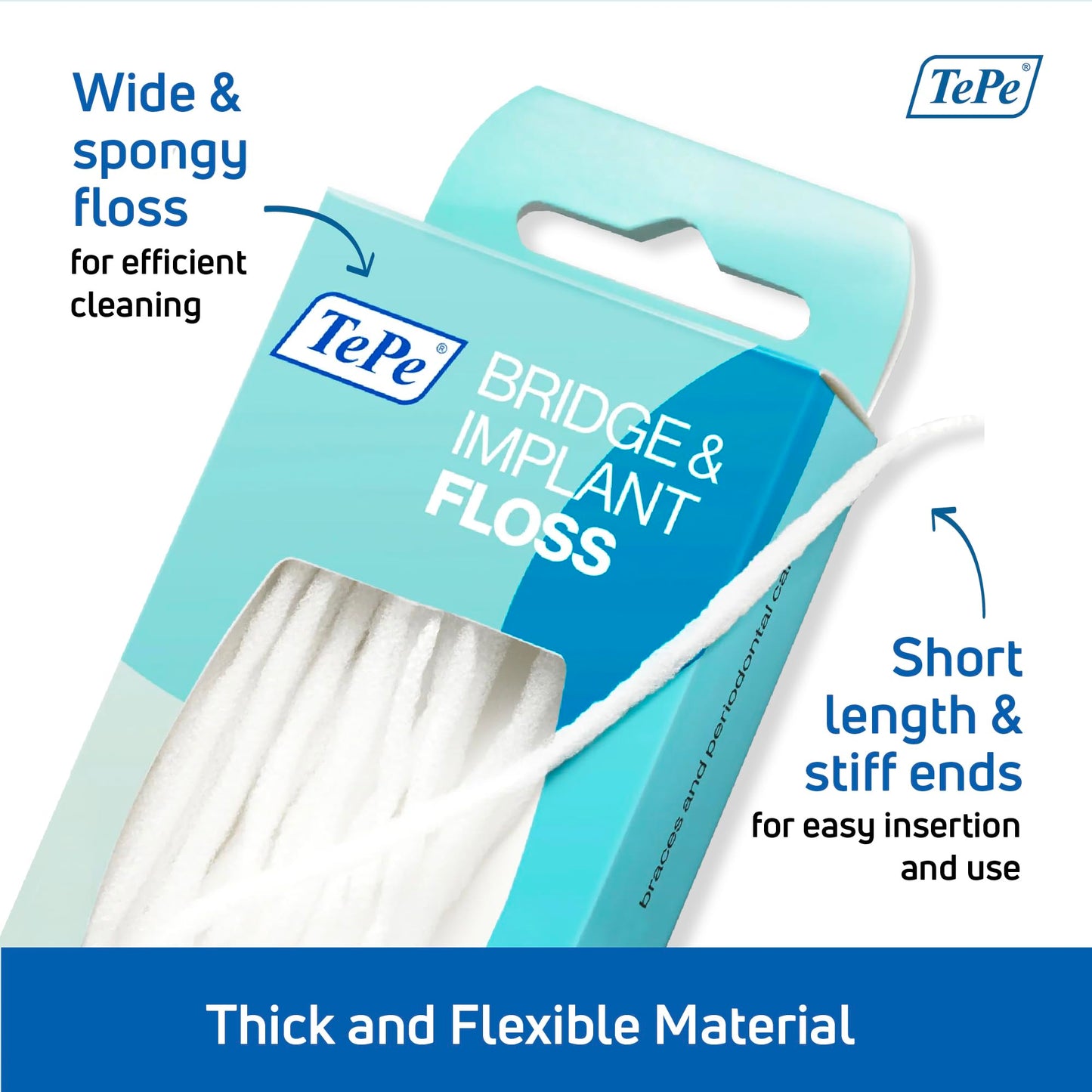 TePe Bridge and Implant Floss for Dental Implants, Bridges, and Braces, Dental Flossers, 30 Pieces