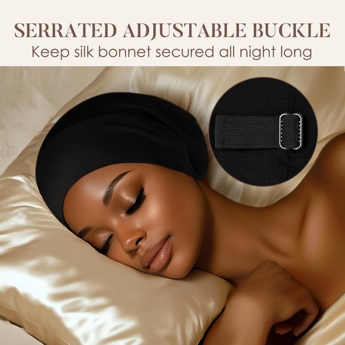 LULUSILK 100% Mulberry Silk Bonnet for Sleeping Women and Men, No More Frizzy Tangled Hair, Real Silk Sleep Cap for Curly Hair, Black, Pack of 1
