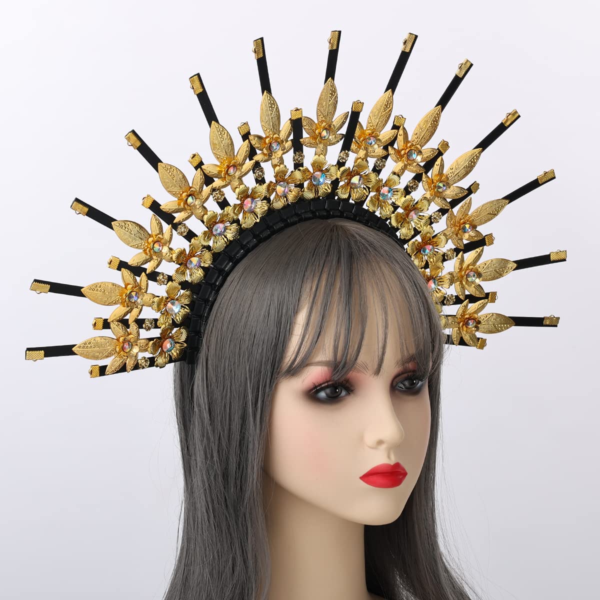 BLESSUME Goddess Gold Spike Halo Crown Headpiece NYLON ZIP TIE Wedding Bride Hair Band Tiara…