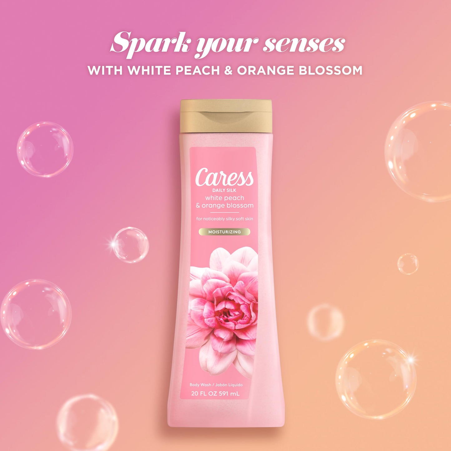 Caress Body Wash for Women, Daily Silk White Peach & Orange Blossom, Shower Gel Body Wash Moisturizing for Noticeably Silky, Soft Skin, 20 fl oz, 4 Pack