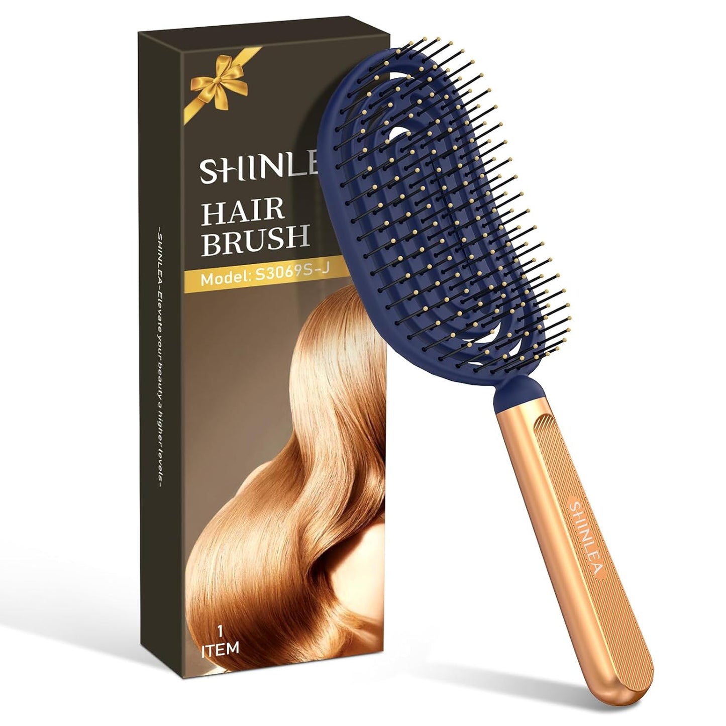 SHINLEA Speed Dry Detangler Brush - Metal-Infused Gold Handle & Curved Design for Wet Hair