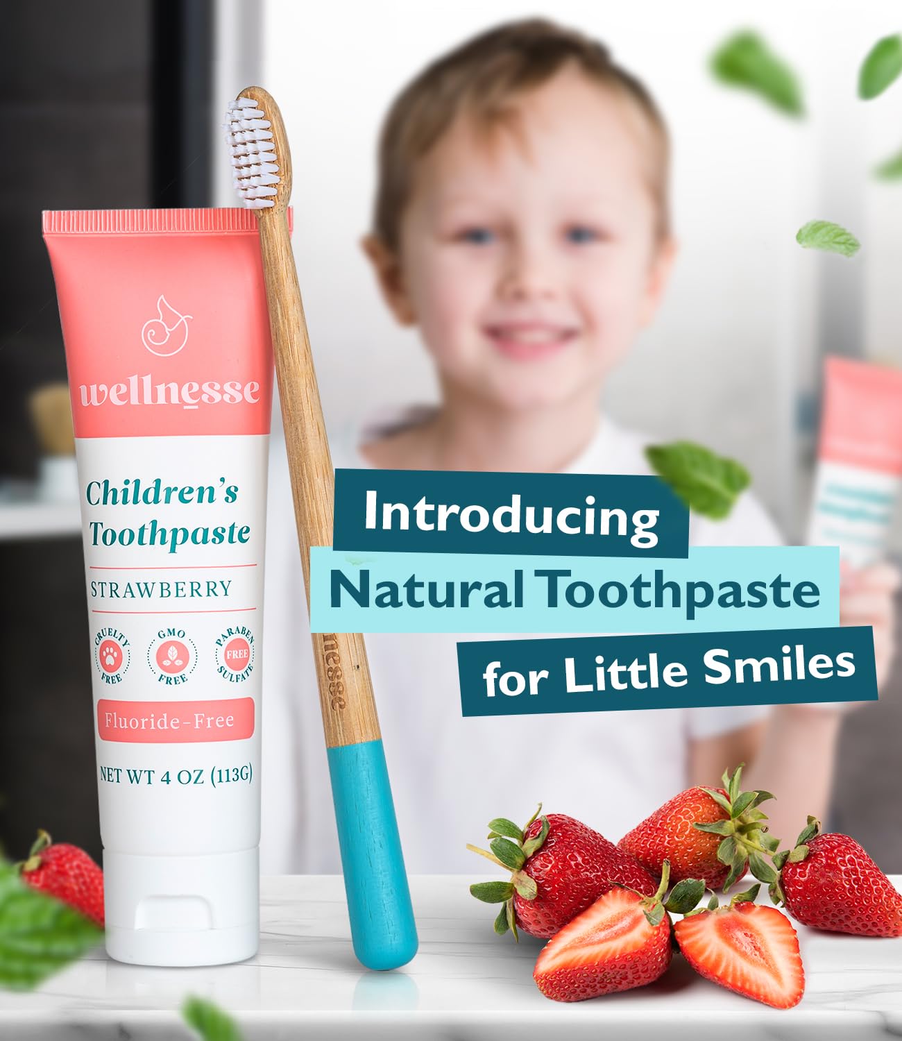 Wellnesse Kids Hydroxyapatite Toothpaste with Xylitol & Fluoride-Free - Natural Ingredients with Strawberry Flavor - Suitable for Toddlers to Baby Kids Toddler - Sensory Friendly, Vegan & Cruelty-Free