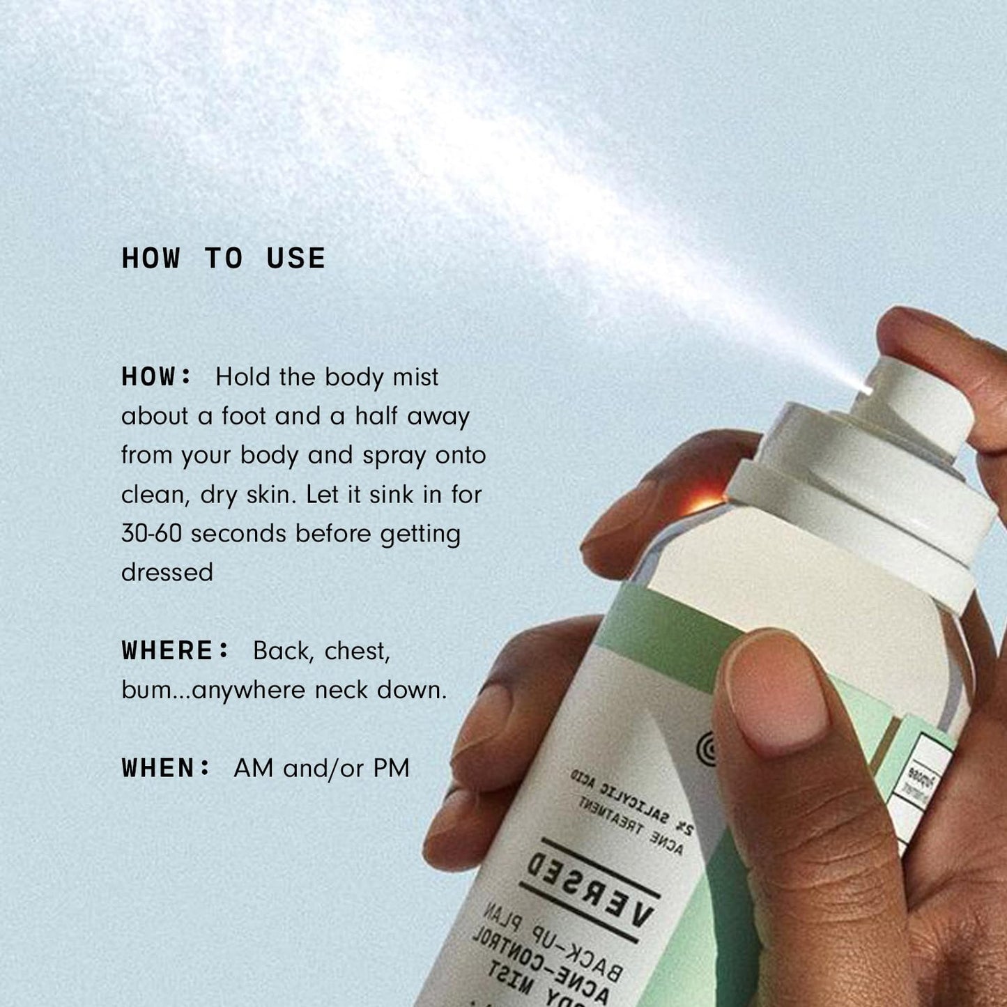 Versed Back-Up Acne Control Body Mist - Salicylic Acid & Tea Tree Oil Spray for Blemish Relief - Vegan (3 oz)