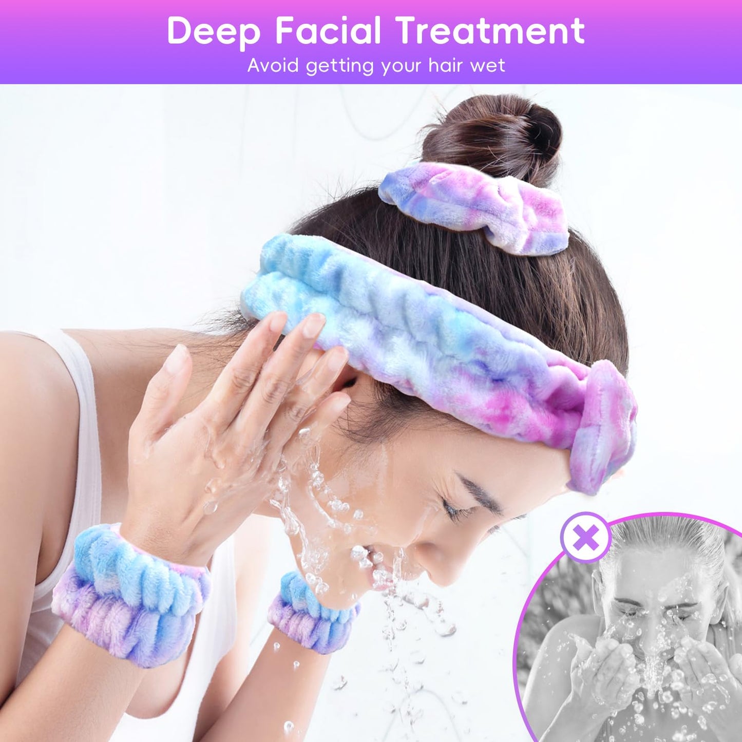 my novel things Facial Cleansing Brush, Headband for Washing Face with Silicone Double Side Manual Face Scrubber Brush, Skincare Headband and Wristband Set, 2 Hair Scrunchie, for Makeup Rainbow