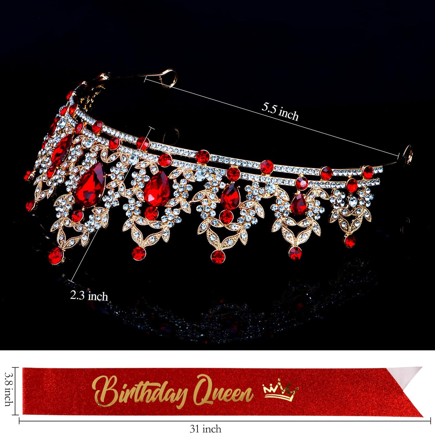 Atoden Red Birthday Crown and Birthday Queen Sash Birthday Girl Tiara Crystal Crown for Women Princess Birthday Party Decorations Rhinestone Headbands Birthday Accessories for Party Gifts