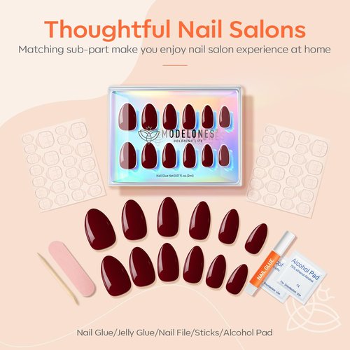 Modelones Christmas Press-On Nails - Red Short Almond Fake Nails | Reusable Kit with Glue & 30 Pcs in 15 Sizes