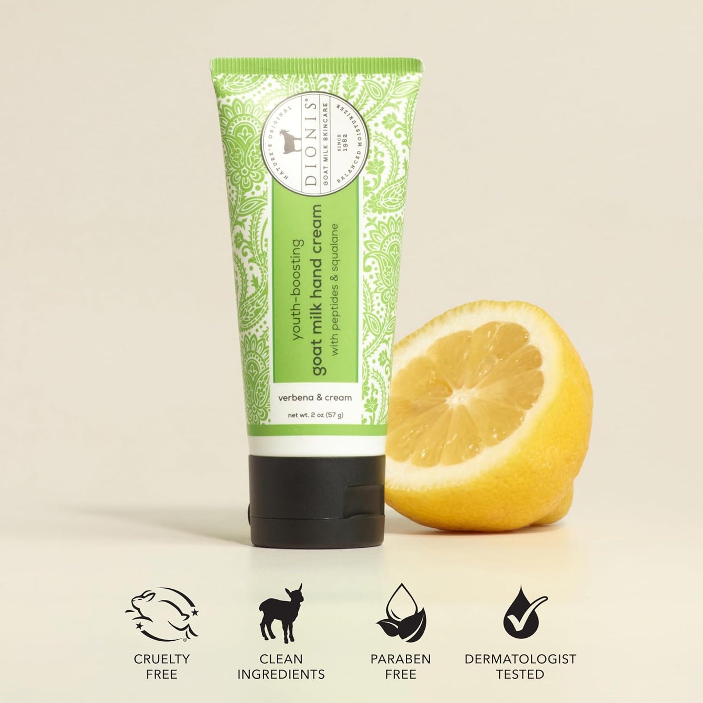 Dionis Goat Milk Hand Cream - Youth Boosting Formula with Peptides & Squalane | 2oz Lemon Verbena