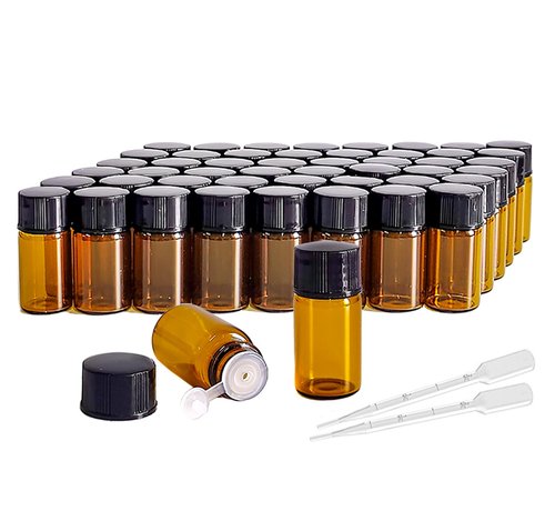AGENIZ 50Pcs 3ml Amber Sample Bottles,Mini Glass Essential Oil Bottle, with Black Screw Caps, for Travel Essential Oil and Perfume Vials Bottles (3ML)
