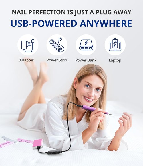 AIRSEE Electric Nail Drill - USB Portable E-File Machine for Professional Manicure & Pedicure | Purple