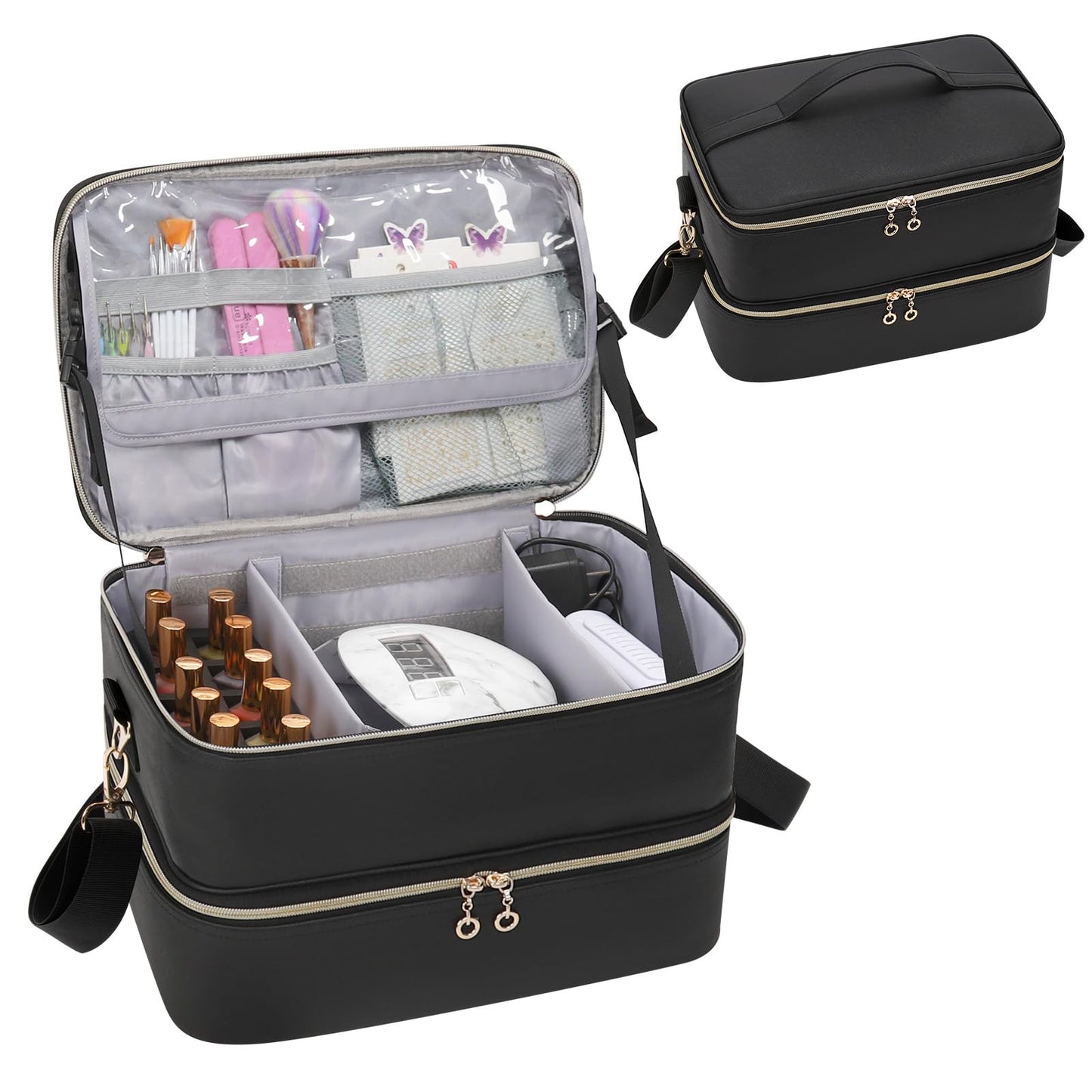 Ethereal Nail Polish Organizer Case, Leather Nail Polish Bag Holds 50+ Bottles (5ml/0.5fl.oz) and Nail Lamp, Nail Storage Organizer with Compartment, Leather Black