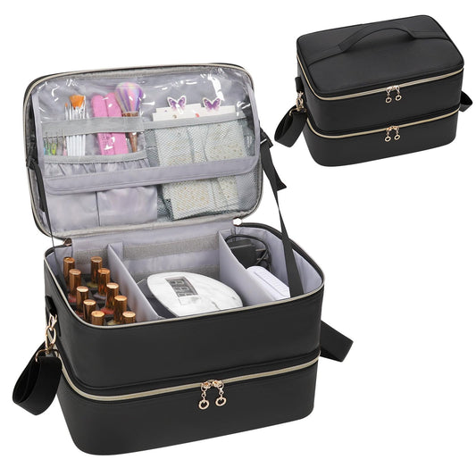 Ethereal Nail Polish Organizer Case, Leather Nail Polish Bag Holds 50+ Bottles (5ml/0.5fl.oz) and Nail Lamp, Nail Storage Organizer with Compartment, Leather Black