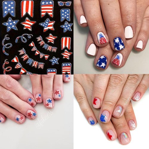 5Sheets 4th of July 5D Nail Art Stickers Decals Red Blue White American Flag Self-Adhesive Embossed Nail Decals Stars Heart Designs Independence Day Nail Decorations DIY Nail Supplies for Women Kids