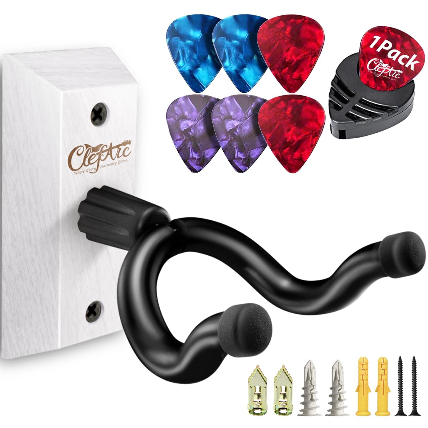 Guitar Wall Mount - Ashwood Hardwood Guitar Wall Hangers, Guitar Picks, Pick Holder, Guitar Accessories, U-Shape Hardwood Guitar Hanger, Gifts for Guitarists, with 6 Assorted Guitar Picks
