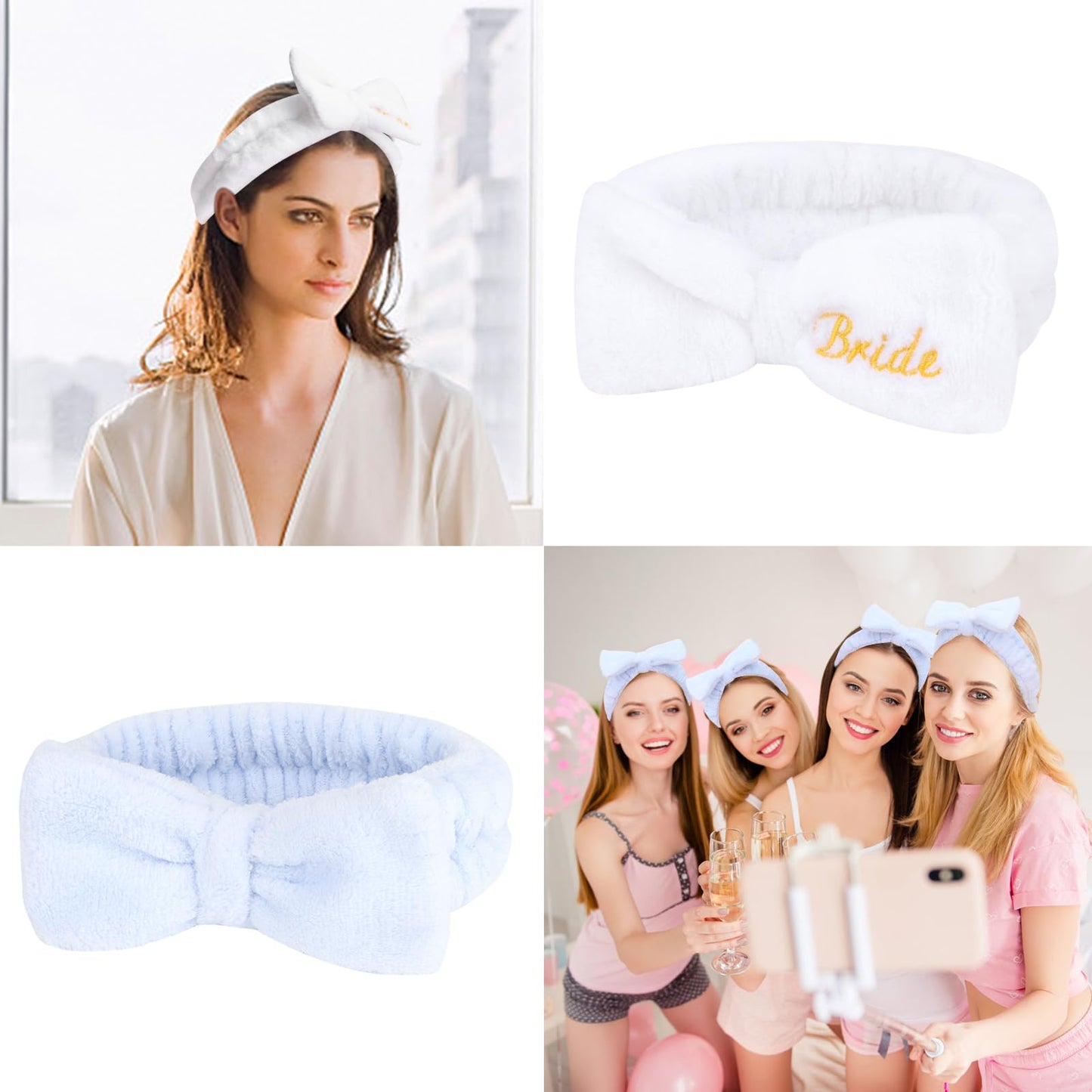 CIEHER 8 Pack Spa Headbands for Bachelorette Party Favors - Bride and Bridesmaid Skincare Makeup Face Wash Headbands in White & Blue