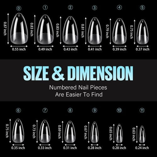 TOMICCA Medium Almond Nail Tips, 240Pcs Soft Acrylic Nails Tips Pre-Shaped Gel Tips, Medium Almond Press on Nails Clear Full Cover Fake Nails for Nail Extension Nail Salon 12 Sizes