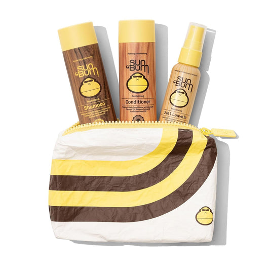 Sun Bum Hair Care Travel Essentials Kit - Revitalize Hair with Shampoo, Conditioner & 3-in-1 Treatment | Aloha Collection Pouch