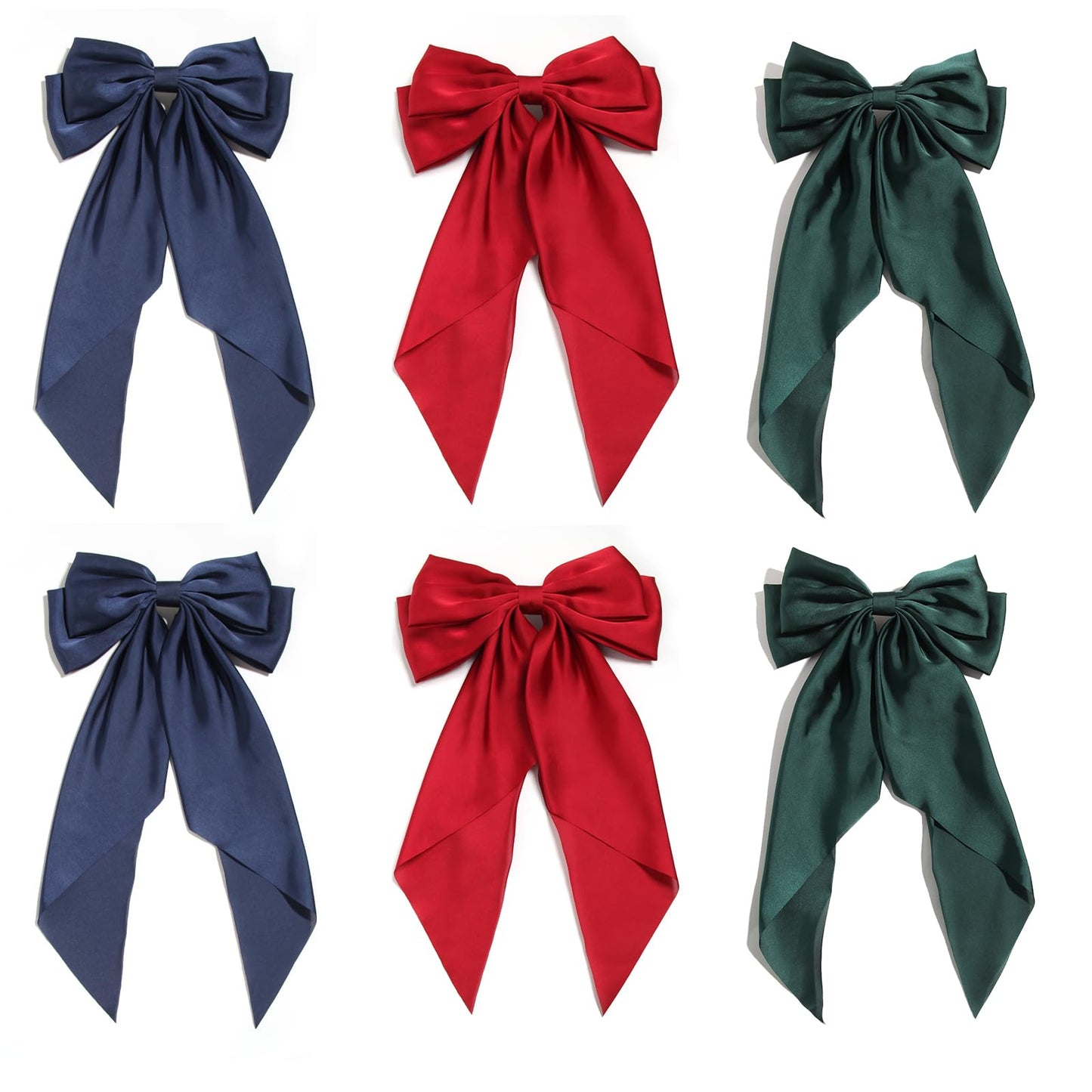 SUSULU 6pcs Satin Big Hair Bow Clips for Women,French Hair Bows Long Tail for Girls Bow Hair Barrette Party Hair Accessories for Women,Burgundy Navy Green