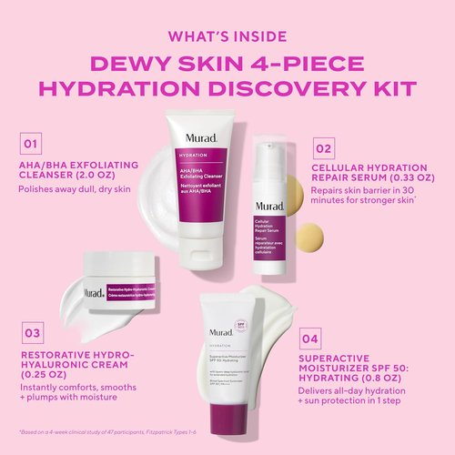 Murad Hydrate Trial Kit - Dewy Skin Essentials with AHA/BHA Cleanser, Hydration Serum & SPF 50 | Travel-Friendly Skincare Set