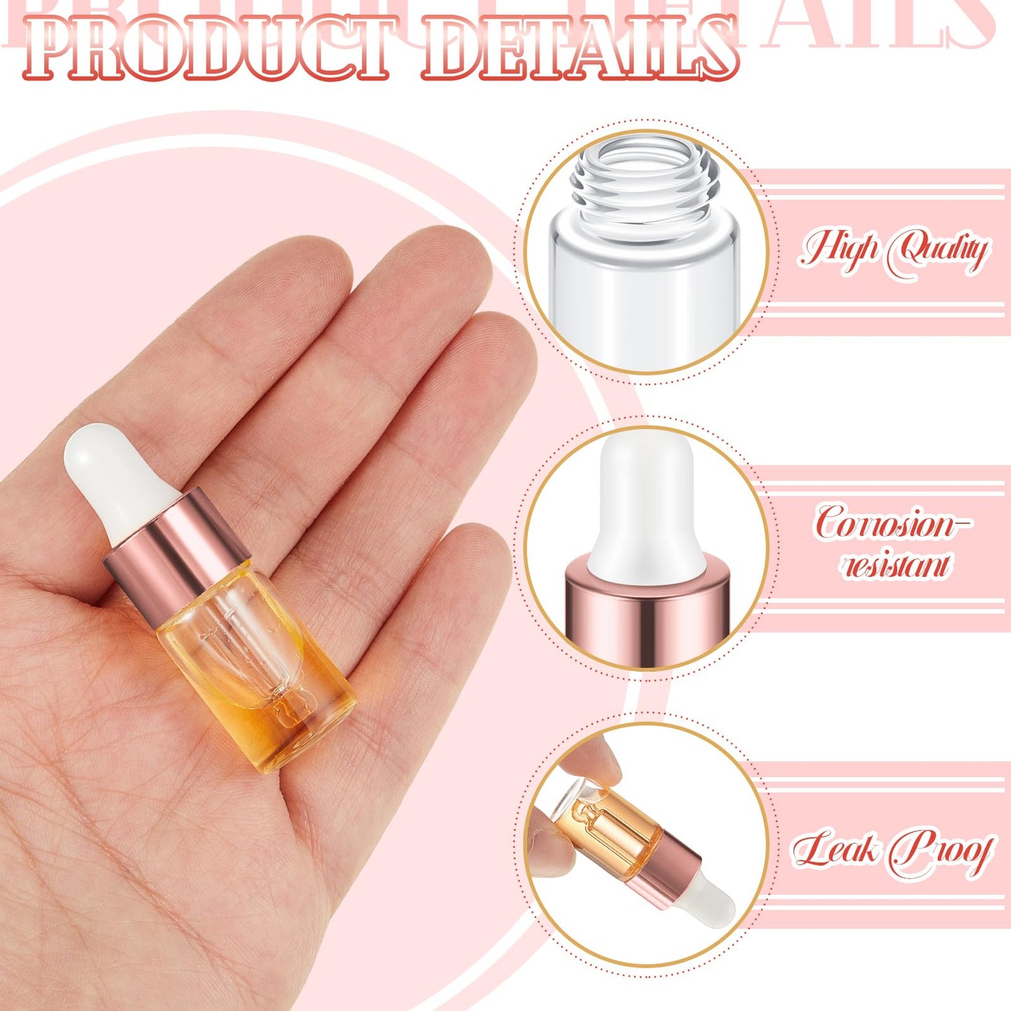 Didaey 100 Pcs Mini Glass Oil Dropper Bottle Bulk, 3 ml Rose Gold Clear Essential Small Empty Bottles Sample Containers Perfume Liquid Vials with Cap for Traveling