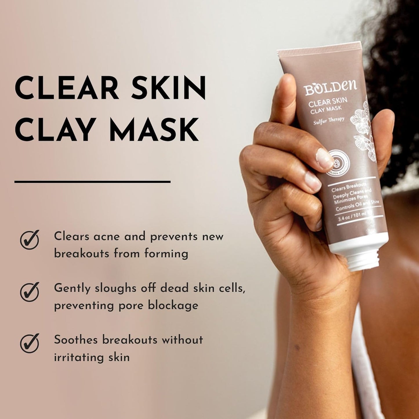 BOLDEN Clear Skin Clay Mask - Deep Pore Cleansing with Sulfur | Oil Reducer for Sensitive Skin | 3.5 fl oz