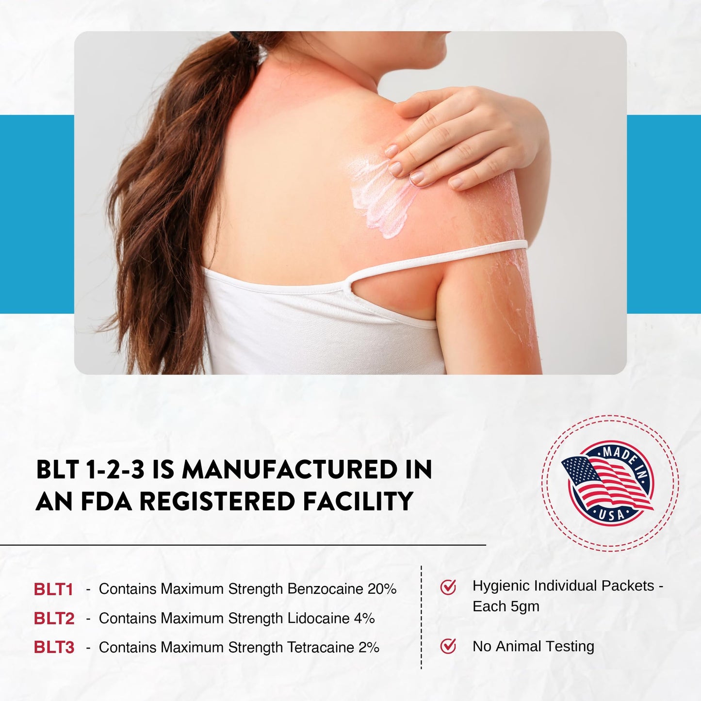 BLT Pain Numbing Creams - 2 Sets (Benzocaine, Lidocaine, Tetracaine), 6 Single-Use Sachets for Temporary Relief of Pain and Itching, Made in The United States