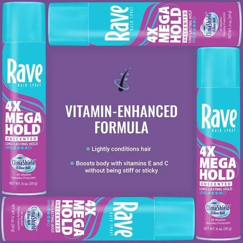 Rave 4X Mega Unscented Aerosol Hairspray - 24-Hour Hold for High Humidity - Vitamin-Enhanced Volume - 2 Pack