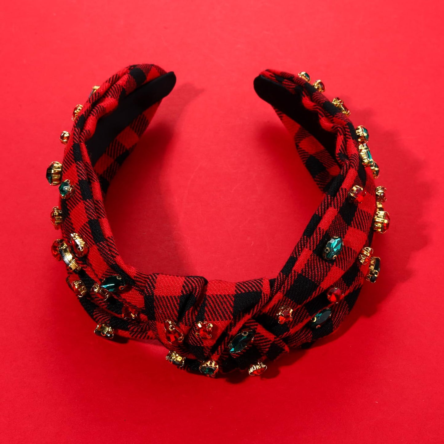 CEALXHENY Christmas Headband Accessories for Women Red Green Rhinestone Crystal Knotted Headband Jeweled Xmas Plaid Wide Top Knot Headband Christmas Outfits Holiday Gifts (Christmas 1)