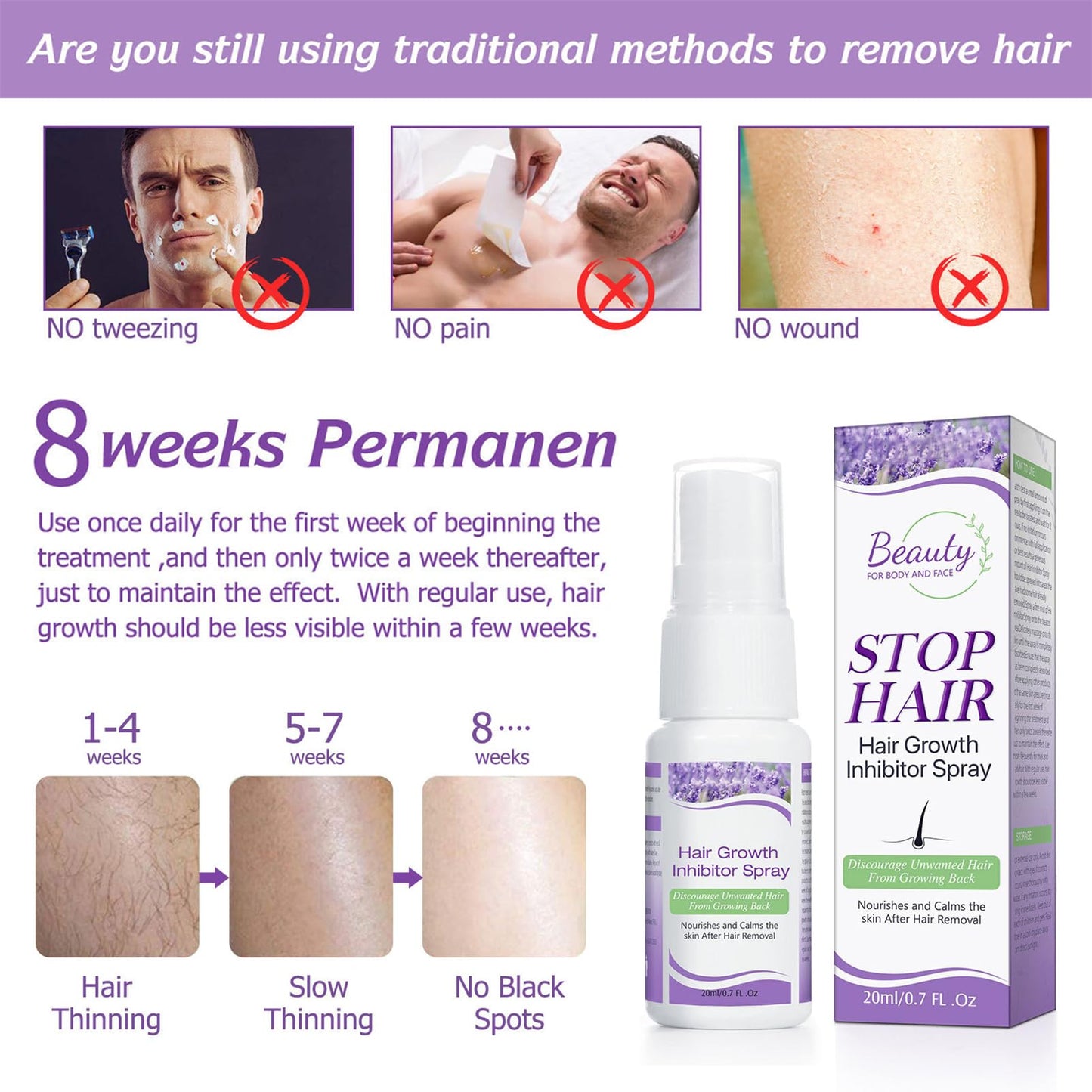 Hair Growth Inhibitor for Face, Hair Inhibitor Permanent Spray, Non-Irritating Hair Inhibitor, Permanent Hair Removal Spray for Body, Face, Underarm, Arm, Leg, Private Areas, Slows Regrowth (1)