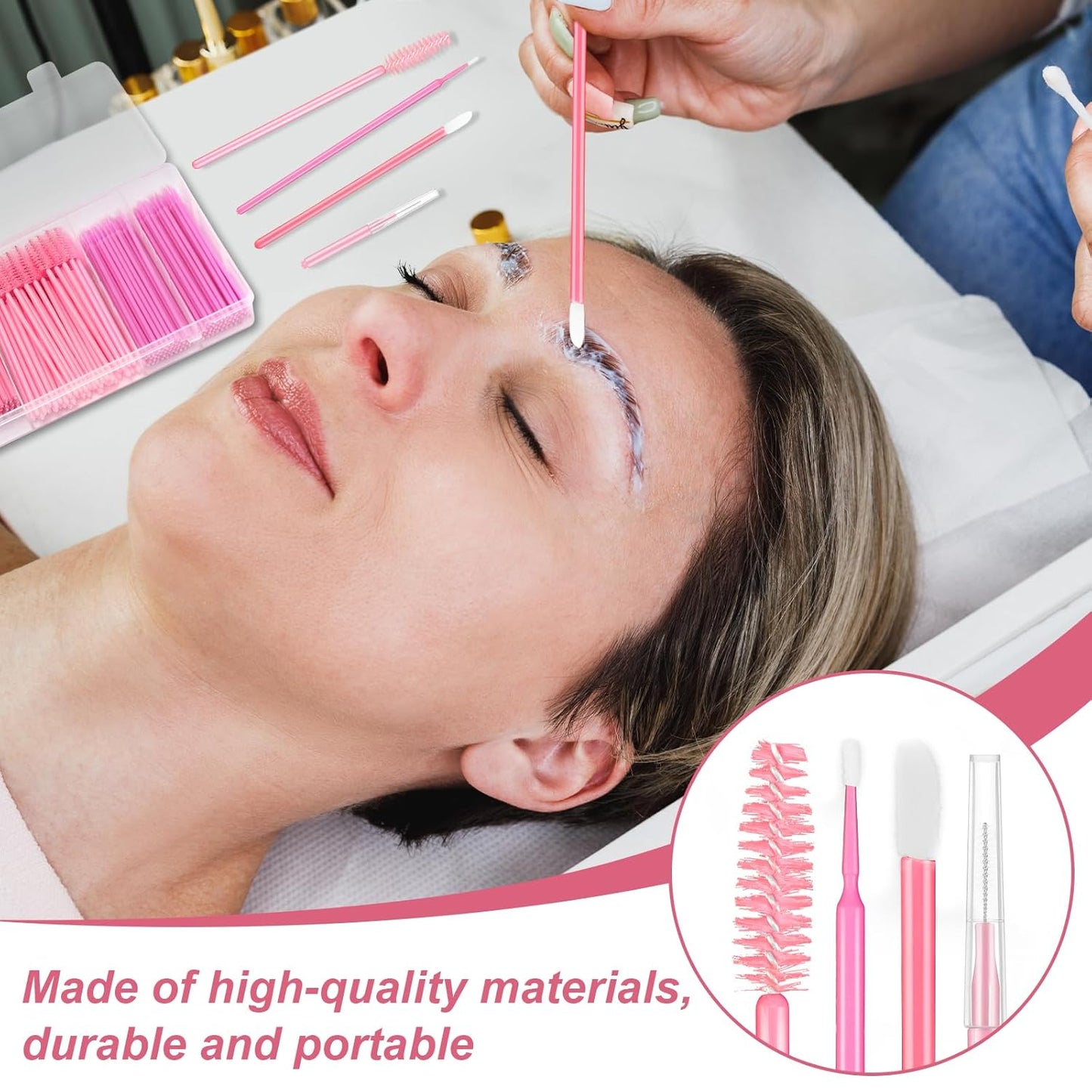 Skiennix 230 Pcs Pink Brow Lamination Supplies - Micro Eyebrow Spoolies & Disposable Lip Applicators Set