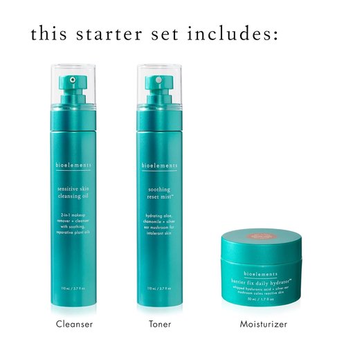 Bioelements 3-Step Starter Set for Sensitive Skin - Cleansing Oil, Soothing Mist & Daily Hydrator