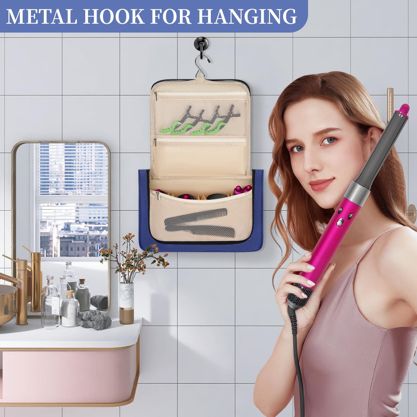 WELIDAY Travel Storage Bag Compatible with Dyson Airwrap Styler, Portable Travel Organizer for Hair Curler and Attachment with Multi-pockets (Front Open Design, Blue)