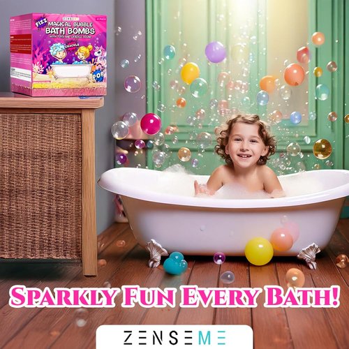 Zenseme Kids Bath Bombs Powder with Mini Unicorn Inside – Bubble Bath for Kids – Bathtime Experiment Kit Mix - Blast of Foam & Colour Surprise – Gift Set of 4