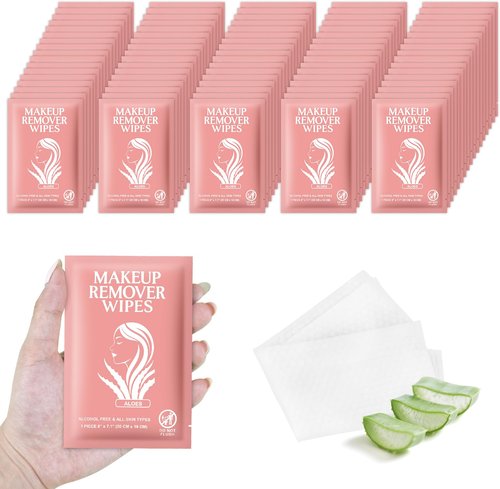 Makeup Remover Wipes Individually Wrapped Facial Cleansing Towelettes Bulk, Disposable Cleanser Makeup Removal Cloths Pad for Oil Dirt Skin Care Removing Mascara Lipstick Travel Hotel Aloes (200 Pack)