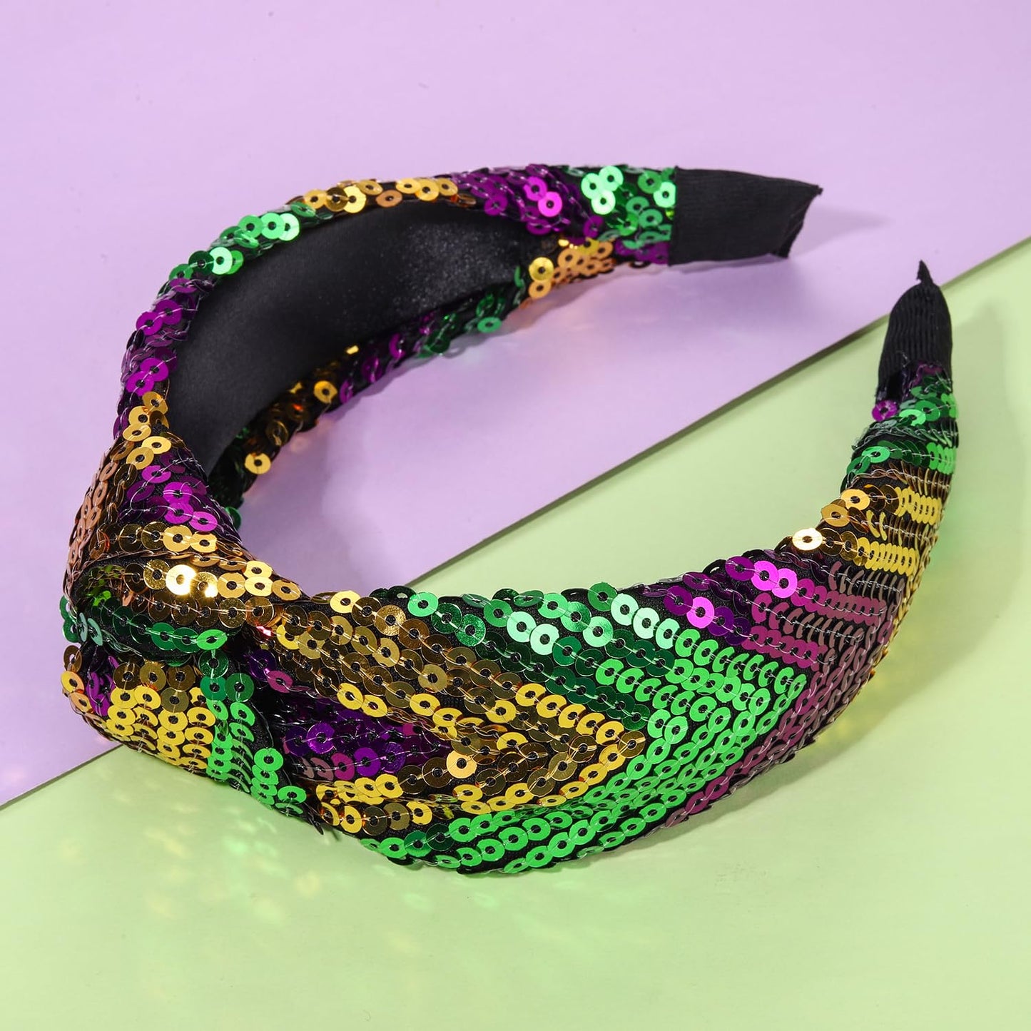 HEIDKRUEGER Mardi Gras Sequin Headband Wide Purple Green Gold Knotted Headband for Women Carnival Parade Hair Accessories (Purple Green Gold)