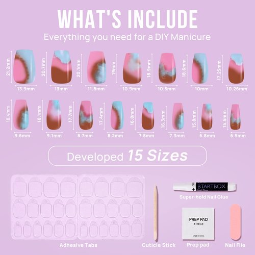 BTArtbox Press on Nails Medium - Coffin Press On Nails with Glue and Adhesive Tabs for Women, Soft Gel Glue On Nails in 15 Sizes - 30 Stick On Nails Kit, Cherry Blossom Latte