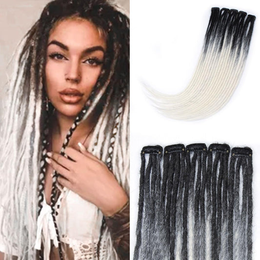 Lounoke 20 Strands 5 Clips In Dreadlock Extensions, 24 inch Gray to White Synthetic Clip In Dreads Extensions for Woman