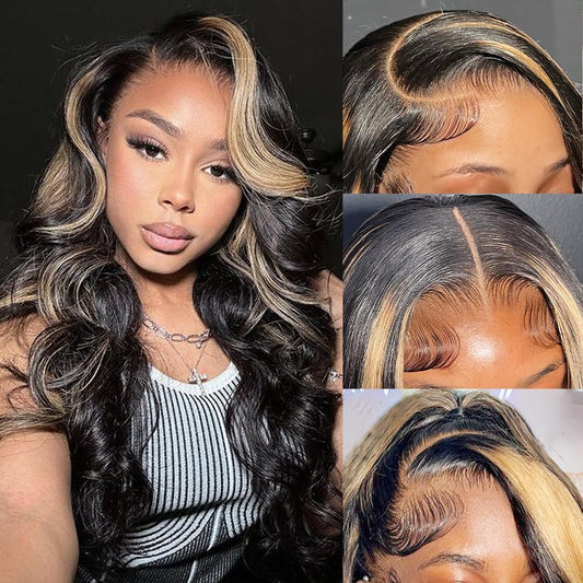 KeaBalo Ombre Lace Front Wig Human Hair Pre Plucked 13x4 Highlight Body Wave Lace Front Wigs Human Hair Hd Lace Frontal 1B/27 Colored Glueless Wigs Human Hair 180% Density 28 Inch
