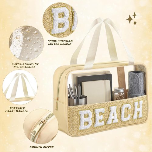 Kajaia Clear Beach Bag - Large Woven Transparent Makeup & Toiletry Storage | Boho Chenille Design - Beige