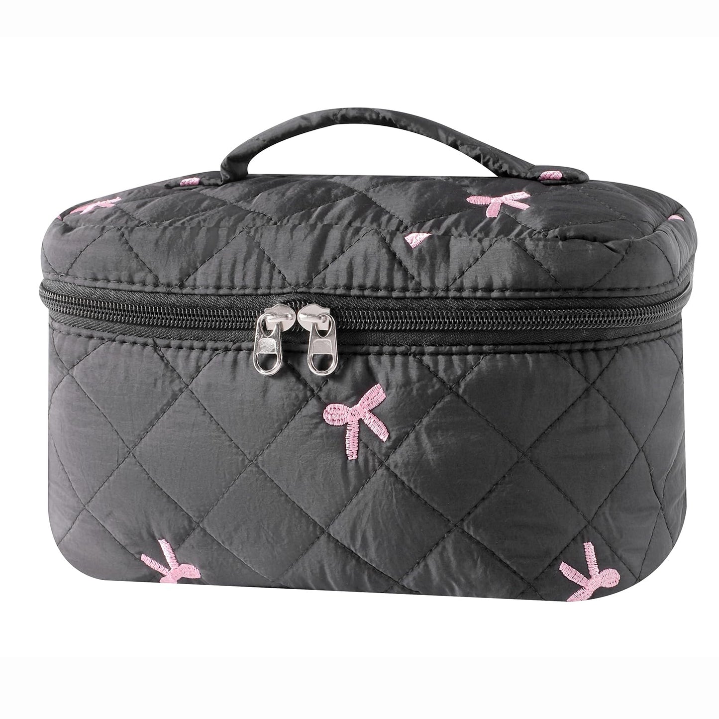 uekeboag Large Travel Quilted Makeup Bag for Women, Floral Cotton Cosmetic Bag, Coquette Aesthetic Floral Toiletry Organizer Bag(13Black Bow