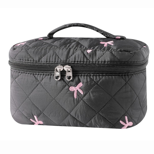 uekeboag Large Travel Quilted Makeup Bag for Women, Floral Cotton Cosmetic Bag, Coquette Aesthetic Floral Toiletry Organizer Bag(13Black Bow