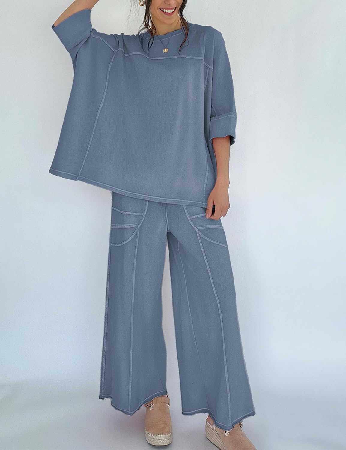 Skiennix Women's 2-Piece Lounge Set - Oversized Sweatshirt & Wide Leg Pants | Casual Travel Outfit
